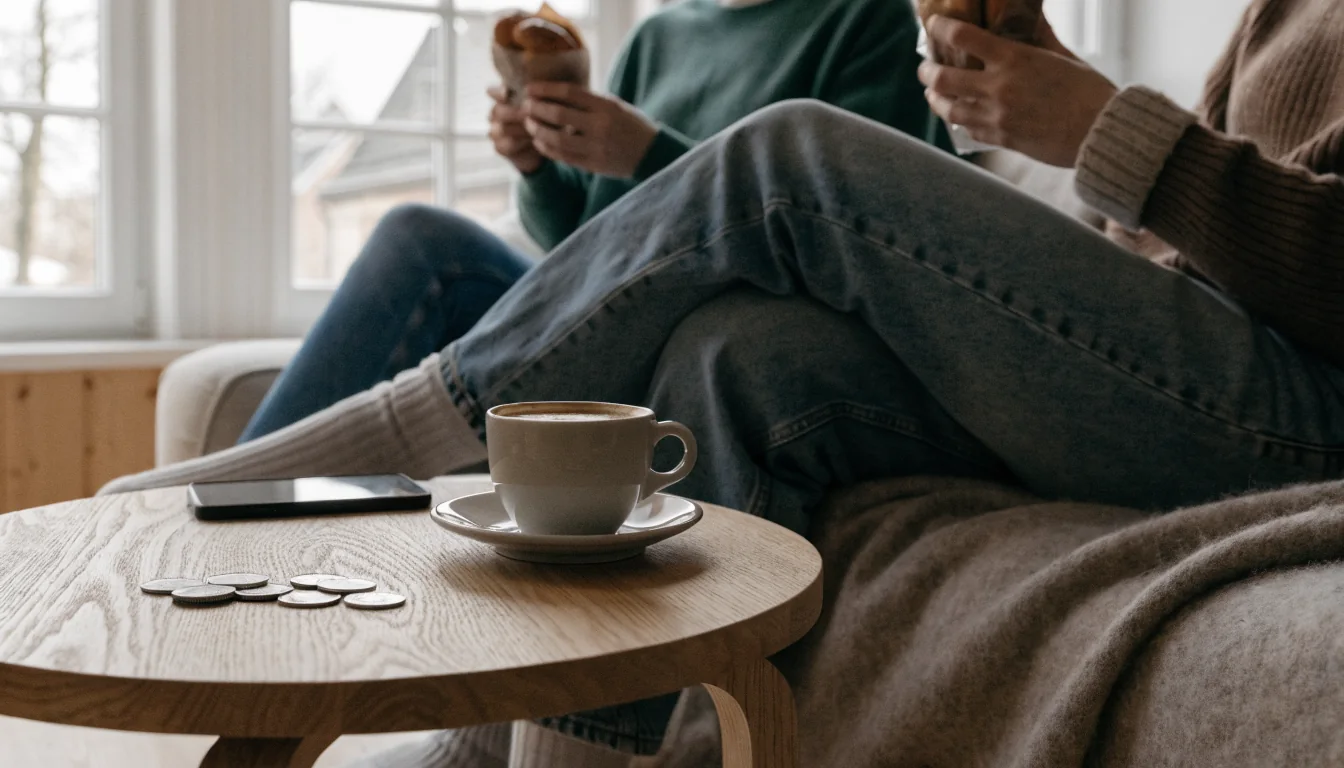 Mysigt svenskt vardagsrum med 50-kronorsmynt, kaffekopp och telefon med skärmen nedåt.
