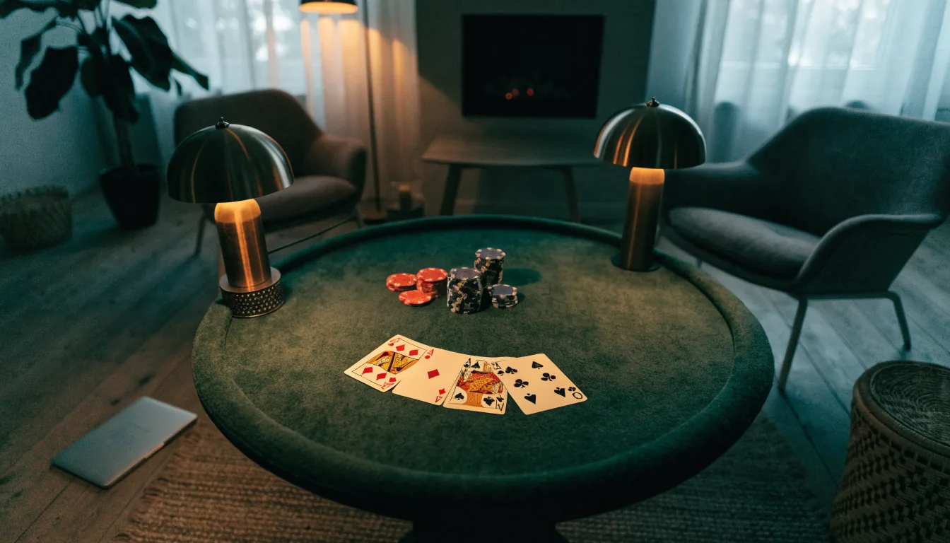 Kort och casinokakor på grönt filtbord i modernt skandinaviskt vardagsrum