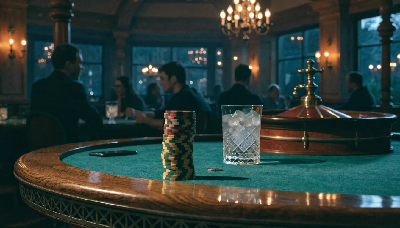 Mörkt casinorum med färgglada marker och ett roulettehjul i bakgrunden