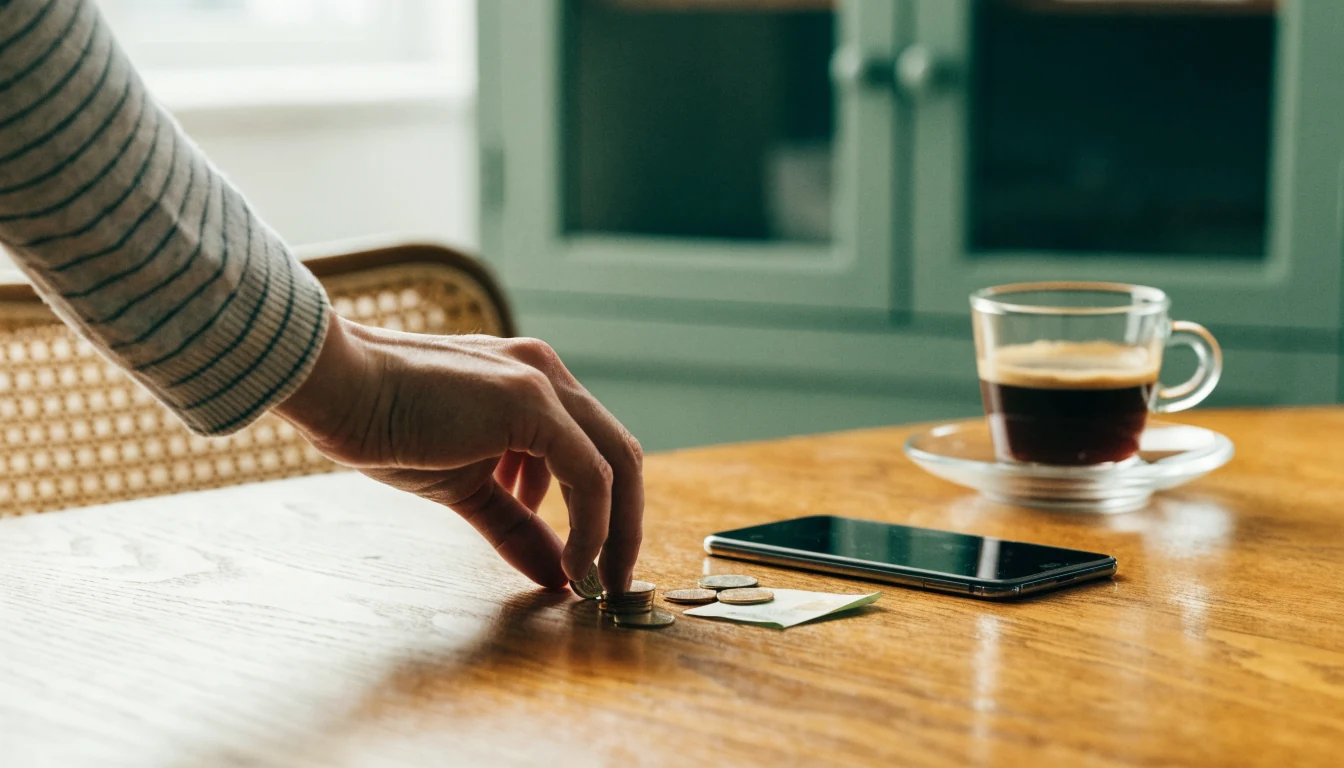 Hand med svenska kronor och telefon på ett träbord