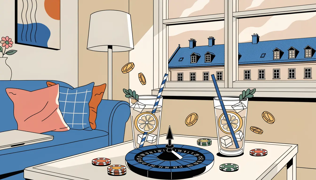 Skandinavisk vardagsrum med casinomarker, rouletthjul och skålande glas