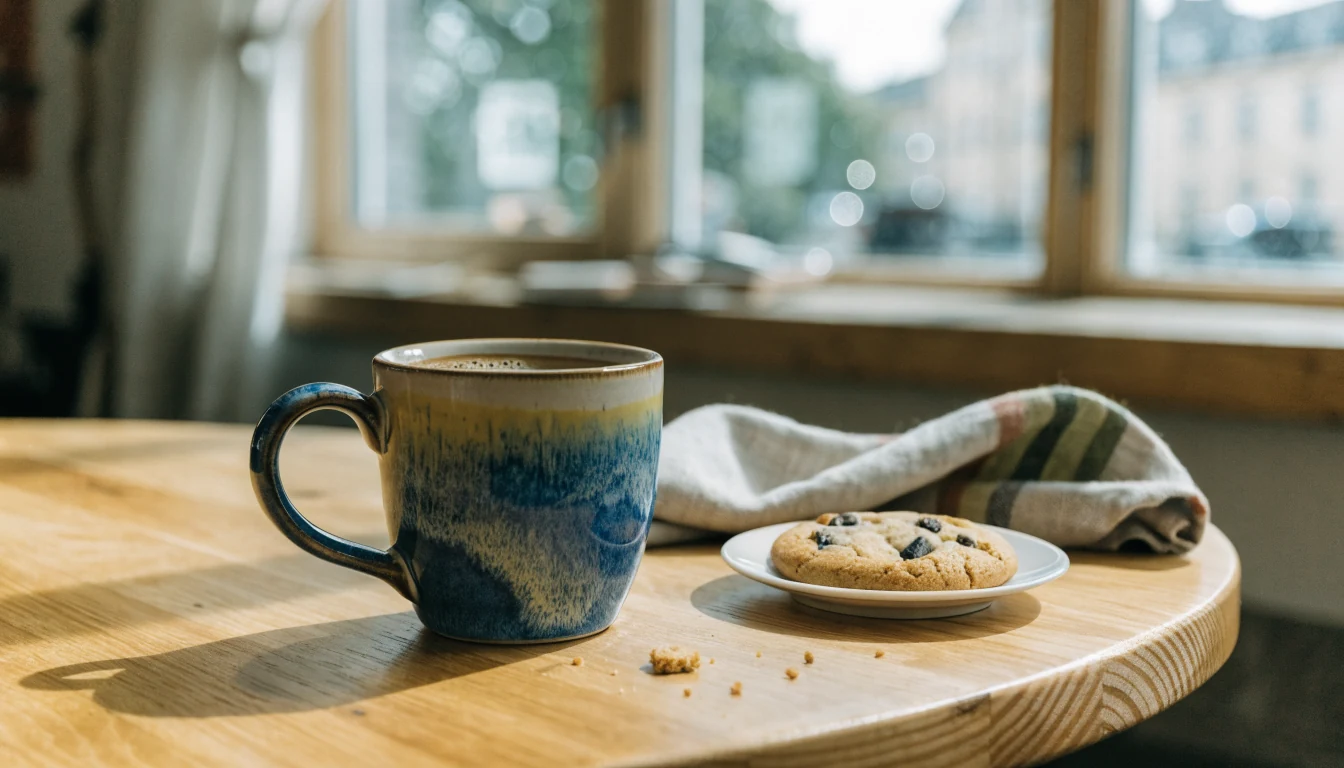 Kaffekopp och chokladkakor på ett träbord i skandinavisk stil