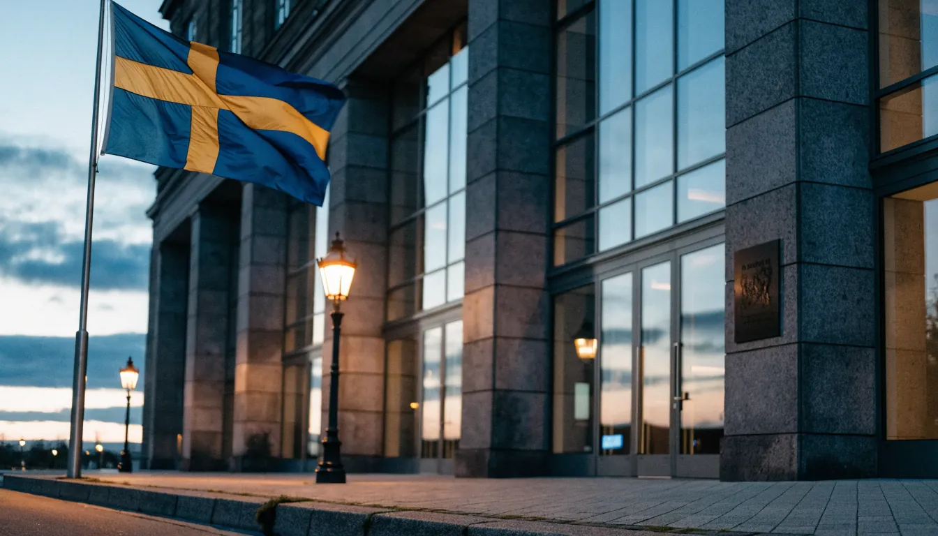 Svensk myndighetsbyggnad i skymningsljus med flagga
