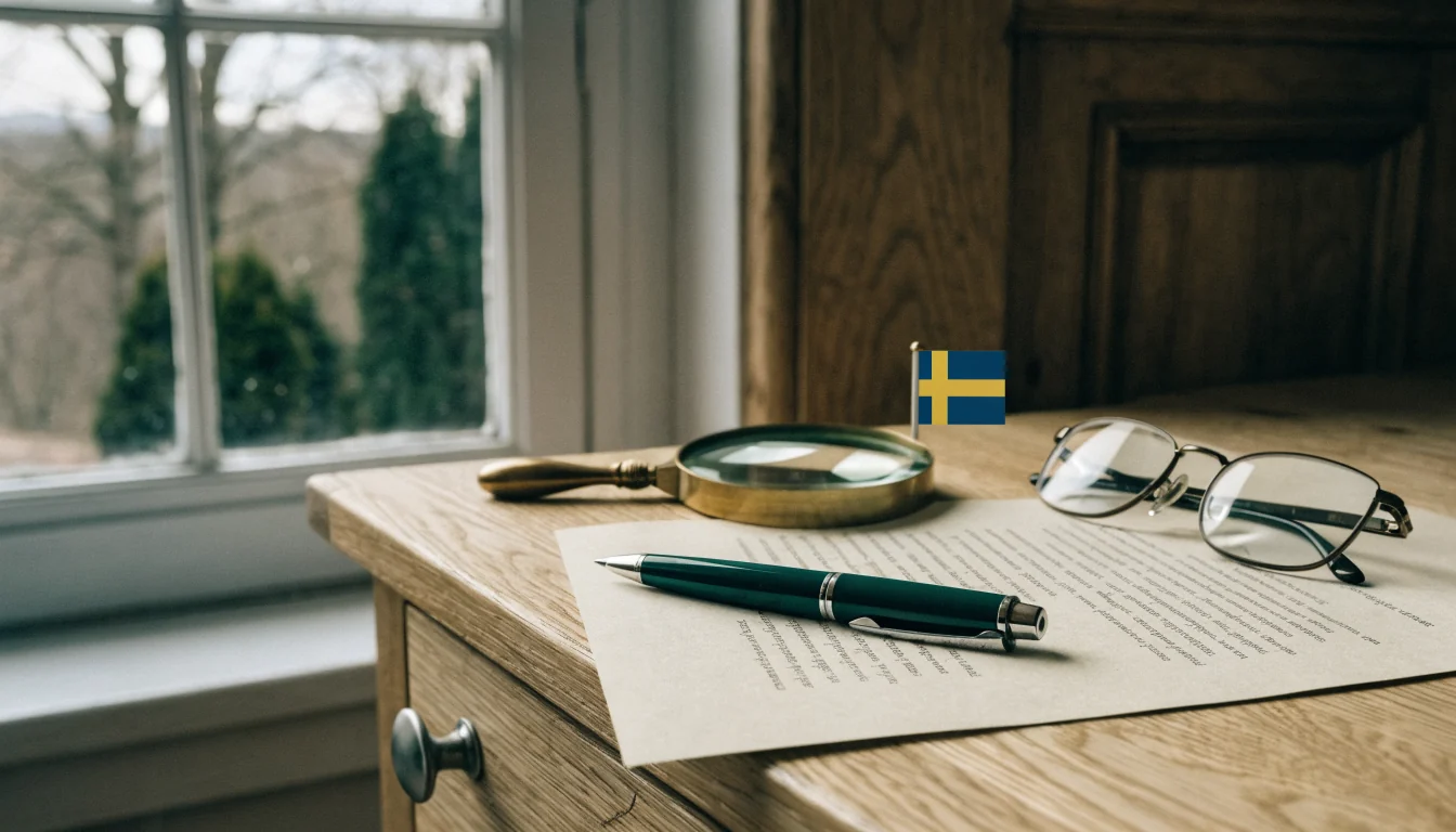 Juridiska dokument, ett förstoringsglas och en svensk flagga på skrivbordet