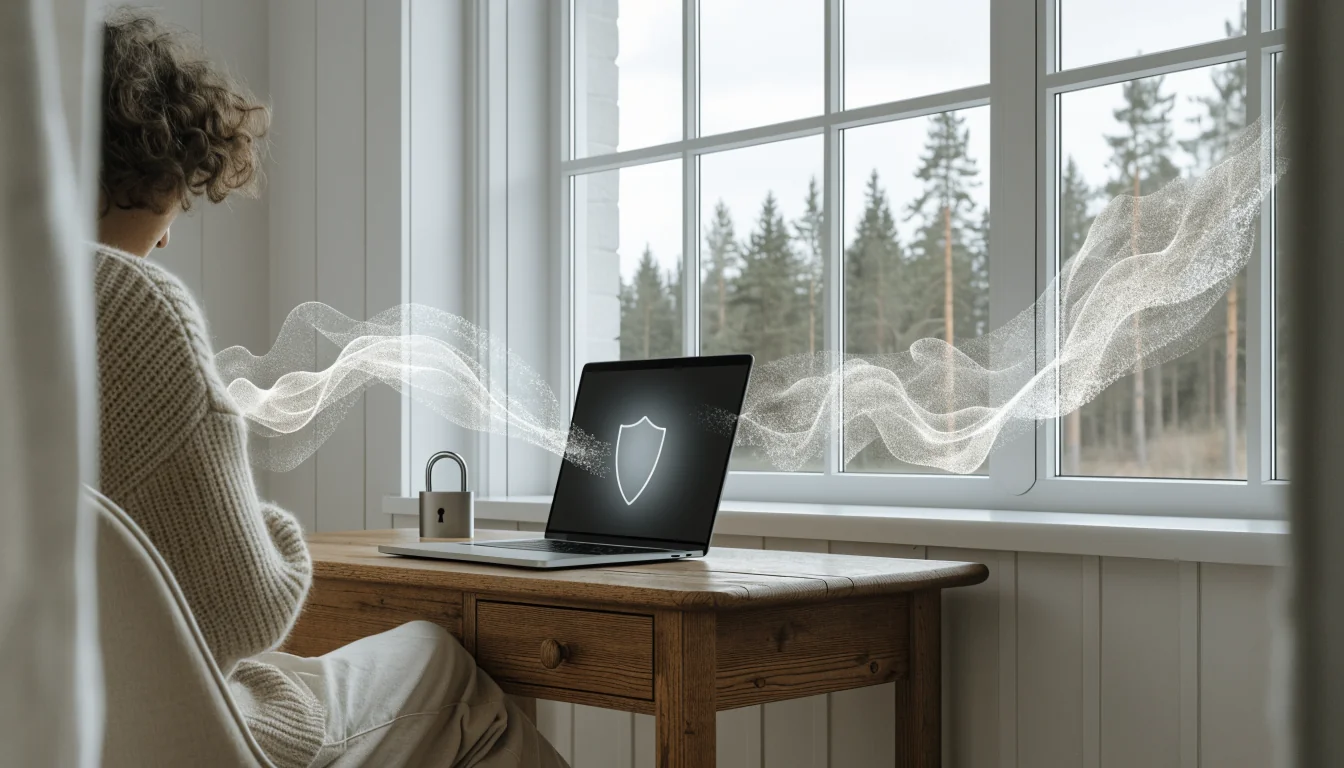 Modern skrivbord med laptop och sköldsymbol som visar integritetsskydd