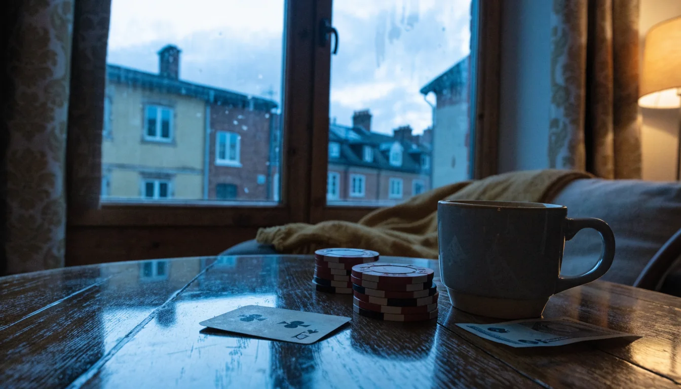 Mörkt vardagsrum med enstaka spelpjäser, ett spelkort och en sedel på bordet.