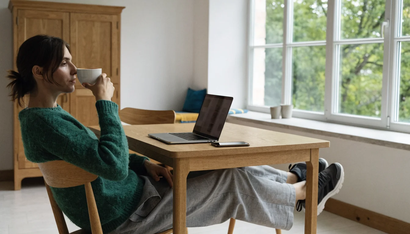 Person vid minimalistiskt skandinaviskt bord med mobiltelefon och kaffe